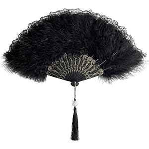 NzuoNzux Feather Fan, Black Feather Fan, Black Lace Fan with Elegant Design for 1920s Gatsby Party Clothing Accessories Women