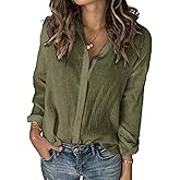 Karlywindow Womens Long Sleeve Button Down Cotton Linen Shirt Blouse Loose Fit Casual V-Neck Tops