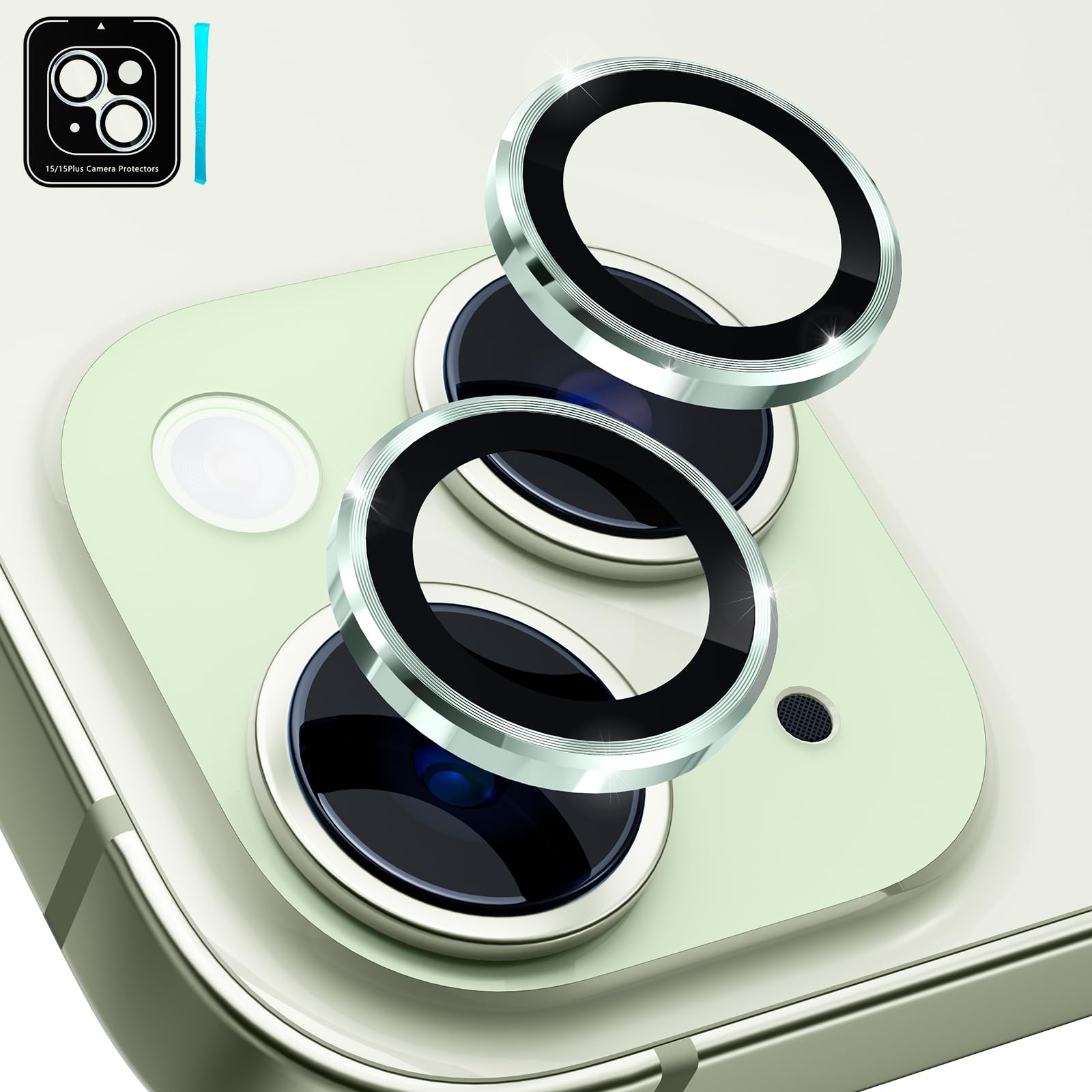 imluckies Camera Lens Protector for iPhone 15 / iPhone 15 Plus, 9H Tempered Glass & Anti-Scratch Metal Individual Ring Lens Cover, HD Clear Camera Accessories, Case Friendly - Green