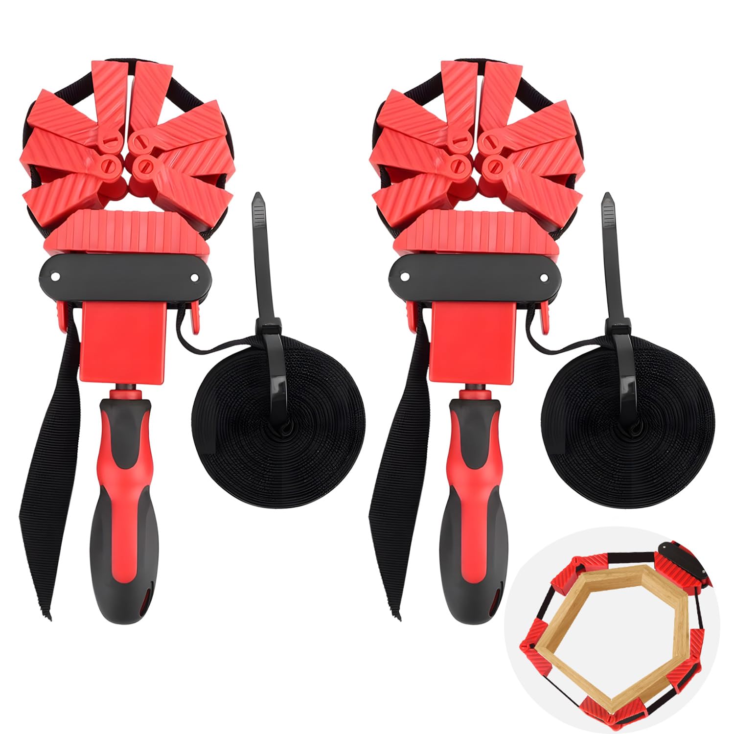 Set of 2 frame tensioners, 4 clamping jaws with 6 m nylon strap as tape tensioner for gluing and screwing right-angled workpieces, infinitely adjustable, HBT: 3 x 10 x 28 cm, for picture frames,