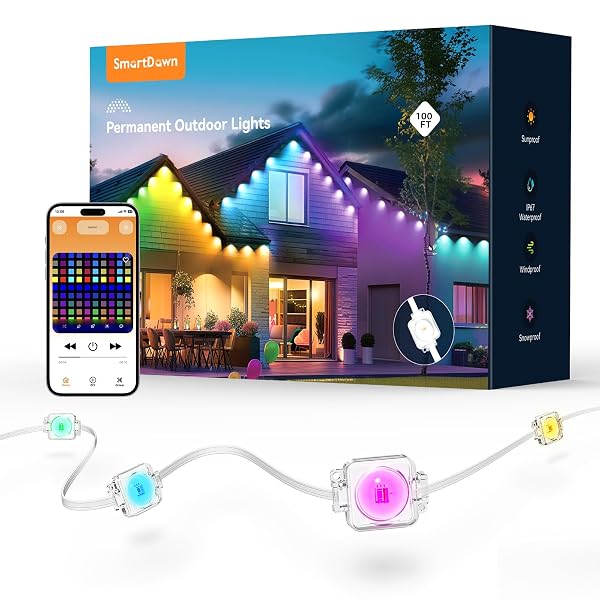 SMARTDAWN PERMANENT OUTDOOR LIGHTS, 100FT 64 BULBS RGB...