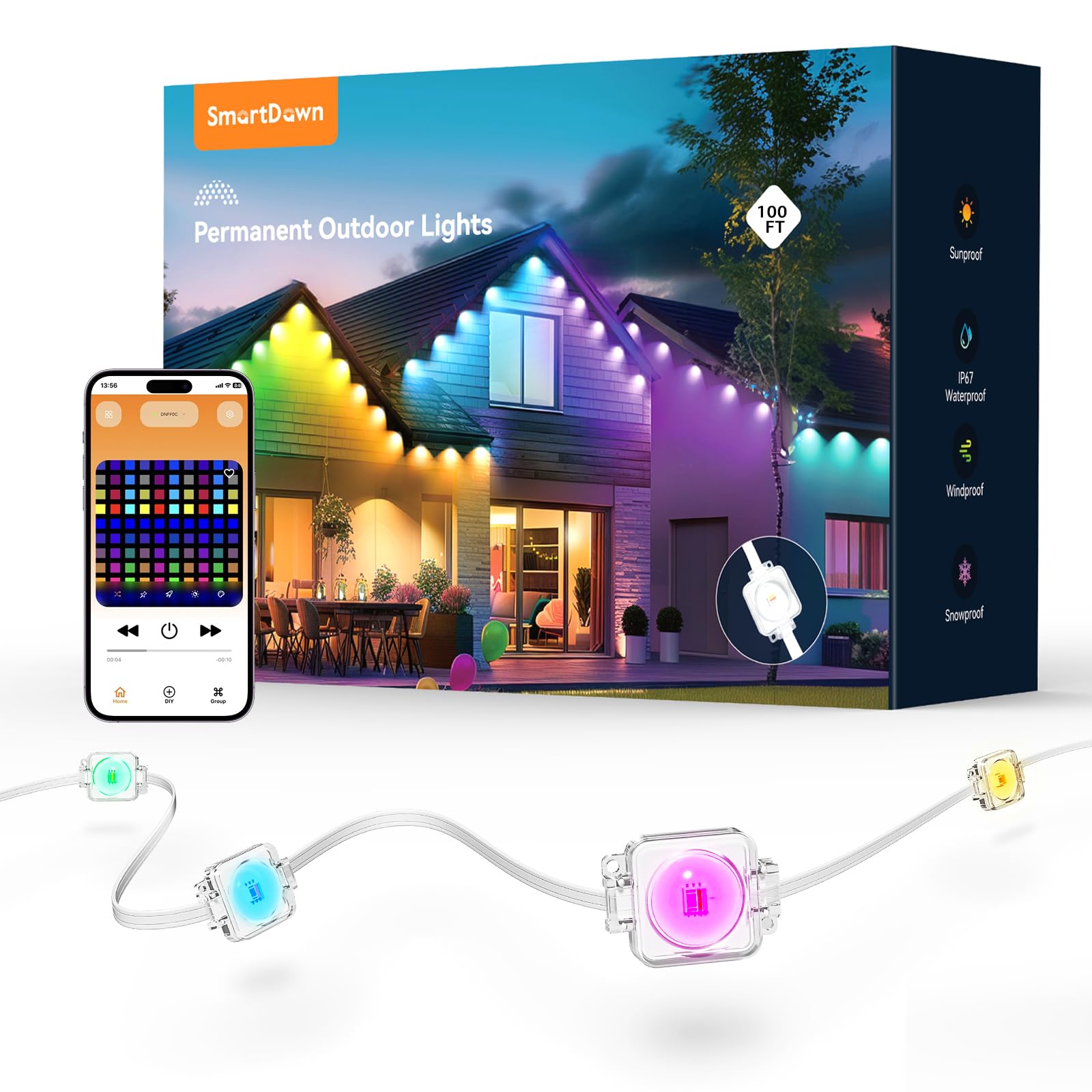 Photo 1 of SmartDawn Permanent Outdoor Lights, 100FT 64 Bulbs RGBIC LED Outdoor String Lights, DIY Scene Mode, IP68 Waterproof Christmas Lights for Daily Decor, House Roof, Holiday Decorations, Outside