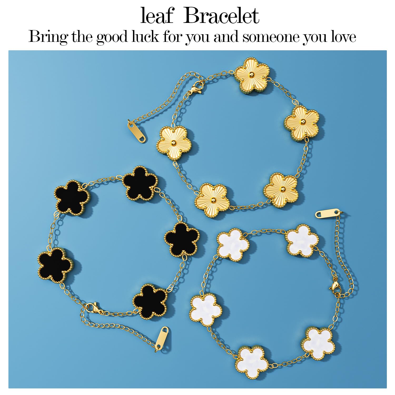 AICase 18K Gold Plated Clover Bracelet Dupes Gold/White/Black Bracelet Set for Women Flower Leaf Lucky Clover Bracelets Trendy Jewelry Birthday Gifts for Women/Mon/Friends