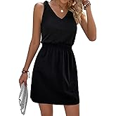 COZYEASE Women's Tie Shoulder A Line High Waist A Line Dress Sleeveless V Neck Solid Short Dresses