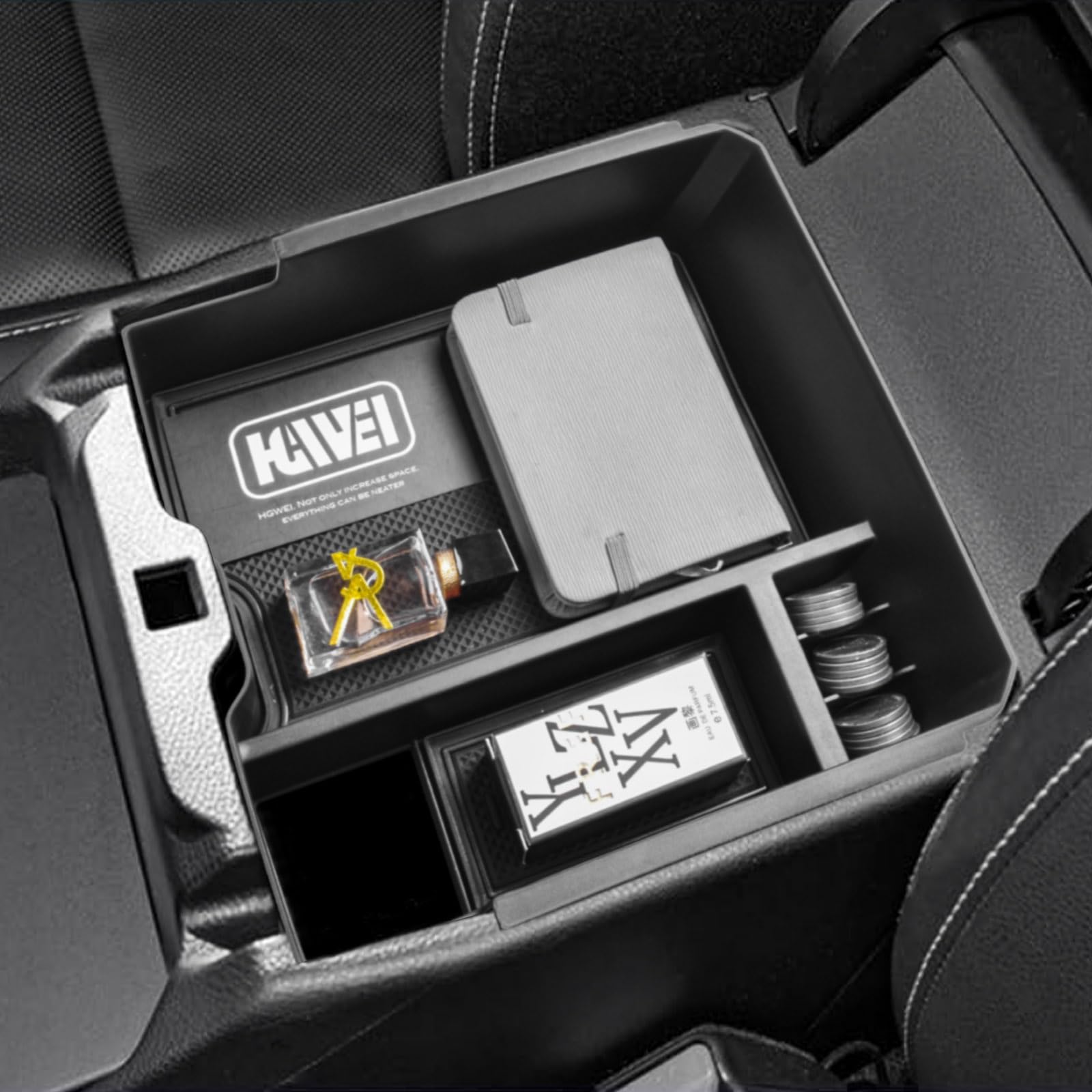 Photo 1 of HGWEI Center Console Organizer Tray Compatible with 2024 2025 Ford Ranger & Ranger Raptor Interior Accessories, Coin Container Armrest Storage Box(Electric handbrake Version), Black