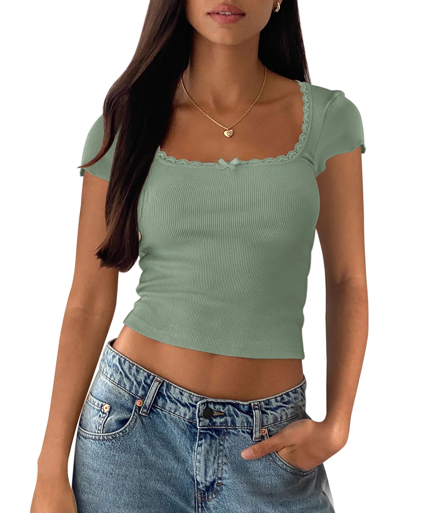 Photo 1 of Yousify Womens Shorts Sleeve Crop Tops Summer Y2K Lace Square Neck Slim Fitted Basic Ribbed Tee Blouse Shirts Light Green