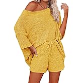 Ermonn Womens 2 Piece Outfits Sweater Sets Off Shoulder Knit Tops Waist Short Suits Casual Pajama Set