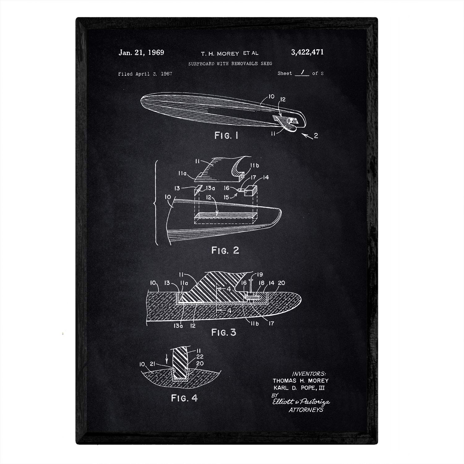 Nacnic Poster Surf's patented keel. Sheet with old design patent A3 size with black background