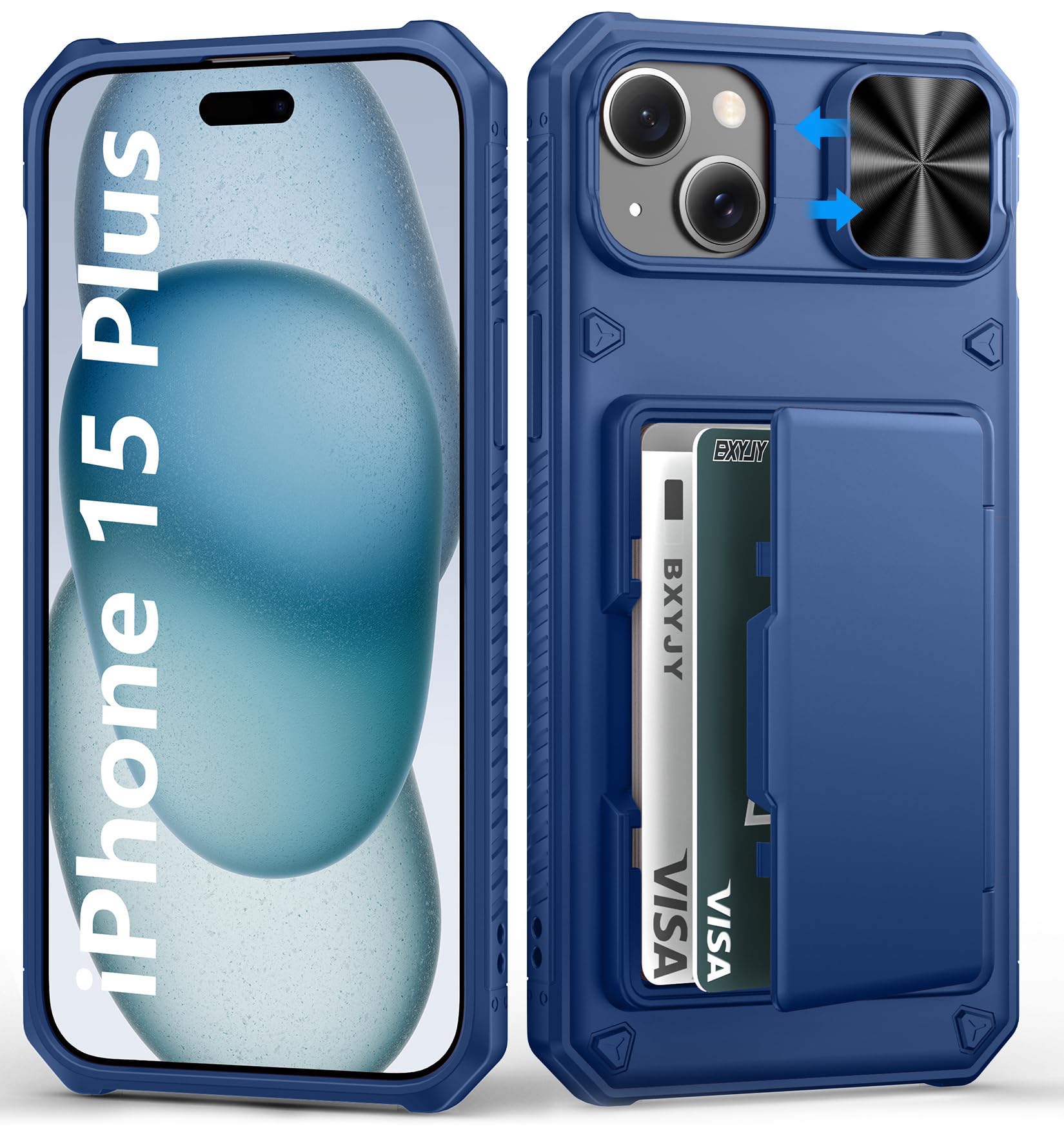 Photo 1 of BXYJY for iPhone 15 Plus & 14 Plus Case Wallet with Card Holder(4-5 Cards), Slide Camera Cover, RFID Block & Military Grade Protection, Hard Heavy Duty Phone Case for iPhone 15Plus/14Plus, Blue