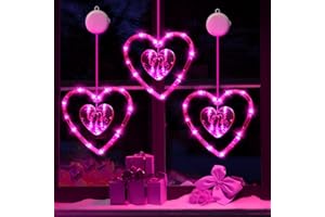 LYUBASA 3 Pack Valentines Day Window Lights Decorations with Timer, Battery Powered Hanging Pink Lighted Heart Shaped Sucker LED Lamp for 2024 Holiday Indoor Home Decor