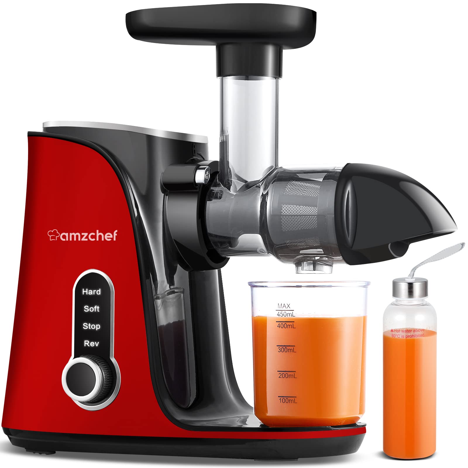 Amzchef Extracteur De Jus Avec Double Vitesse Modes (Soft Et Hard) - Extracteur De Jus De Fruits Et Légumes - Juicer Machine Avec Bouteille À Jus Portable Et 2 Tasses - Rouge [Classe Énergétique A+++]