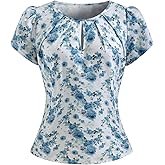 winkbay Women's Summer Floral Puff Sleeve Tops Elegant Pleated Crew Neck Dressy Casual Blouse