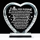 YWHL 50th Birthday Gifts for Her Him, Laser Engraving Crystal Heart Happy 50th Birthday Plaque Decorations, 50 Year Old Gifts for Women Men Mom Dad Wife Friends Sisters