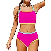 Oranchids Girls Swimsuit Colorful Contrast Trim Bikini Sets Color Block Bathing Suit Two Piece Swimwear with Chest Pad 9-16Y