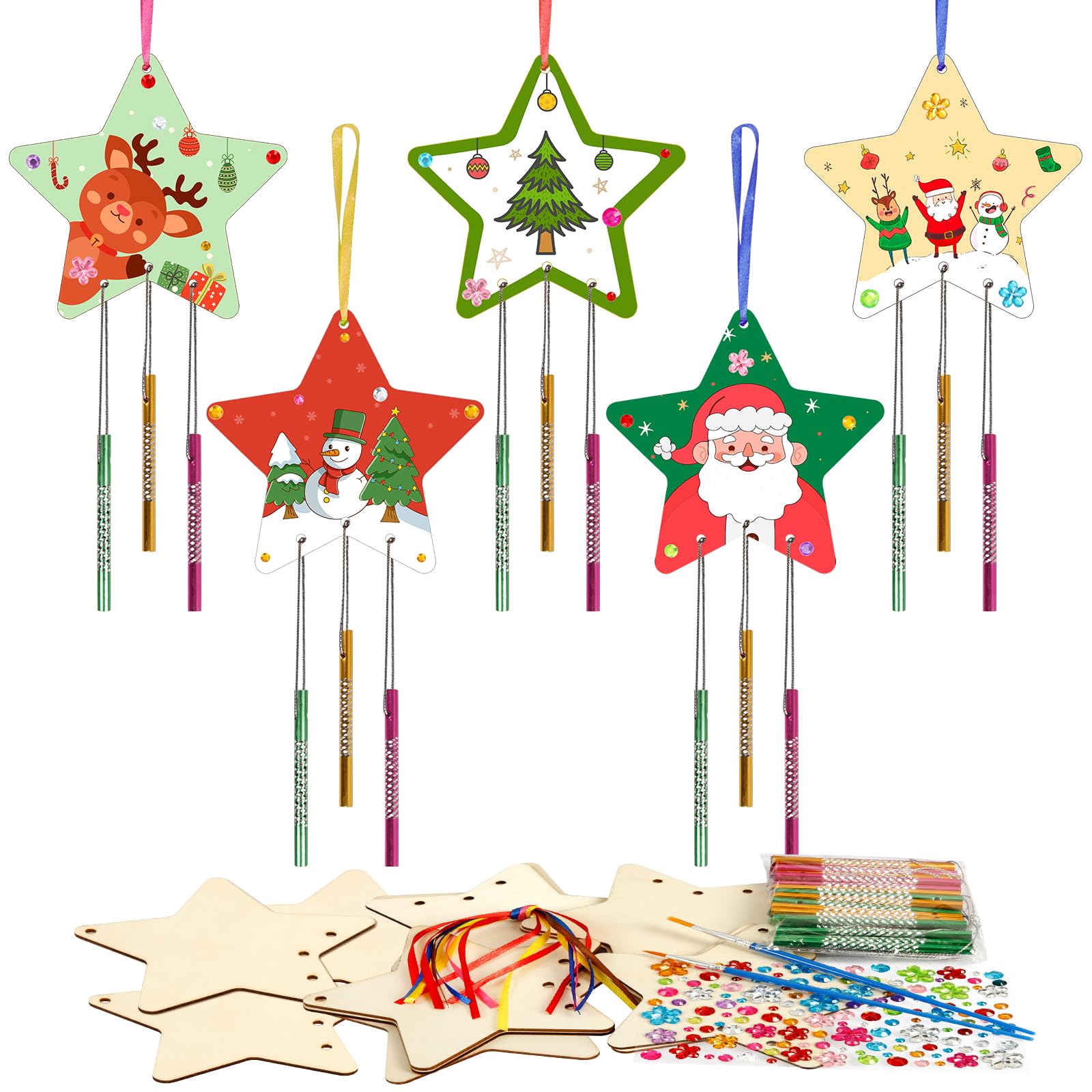 HONMOK Christmas Crafts for Kids, 9 Pack Christmas Star Windchimes Painting Kit, DIY Wooden Xmas Arts and Crafts for Toddlers Boys Girls Gifts Christmas Party Activities