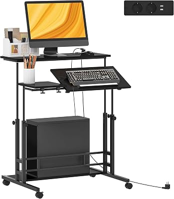 Escritorio Elevable con Ruedas, Puertos USB, 80x60 cm, Negro