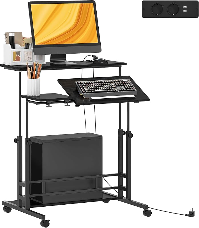 Escritorio Elevable con Ruedas, Puertos USB, 80x60 cm, Negro