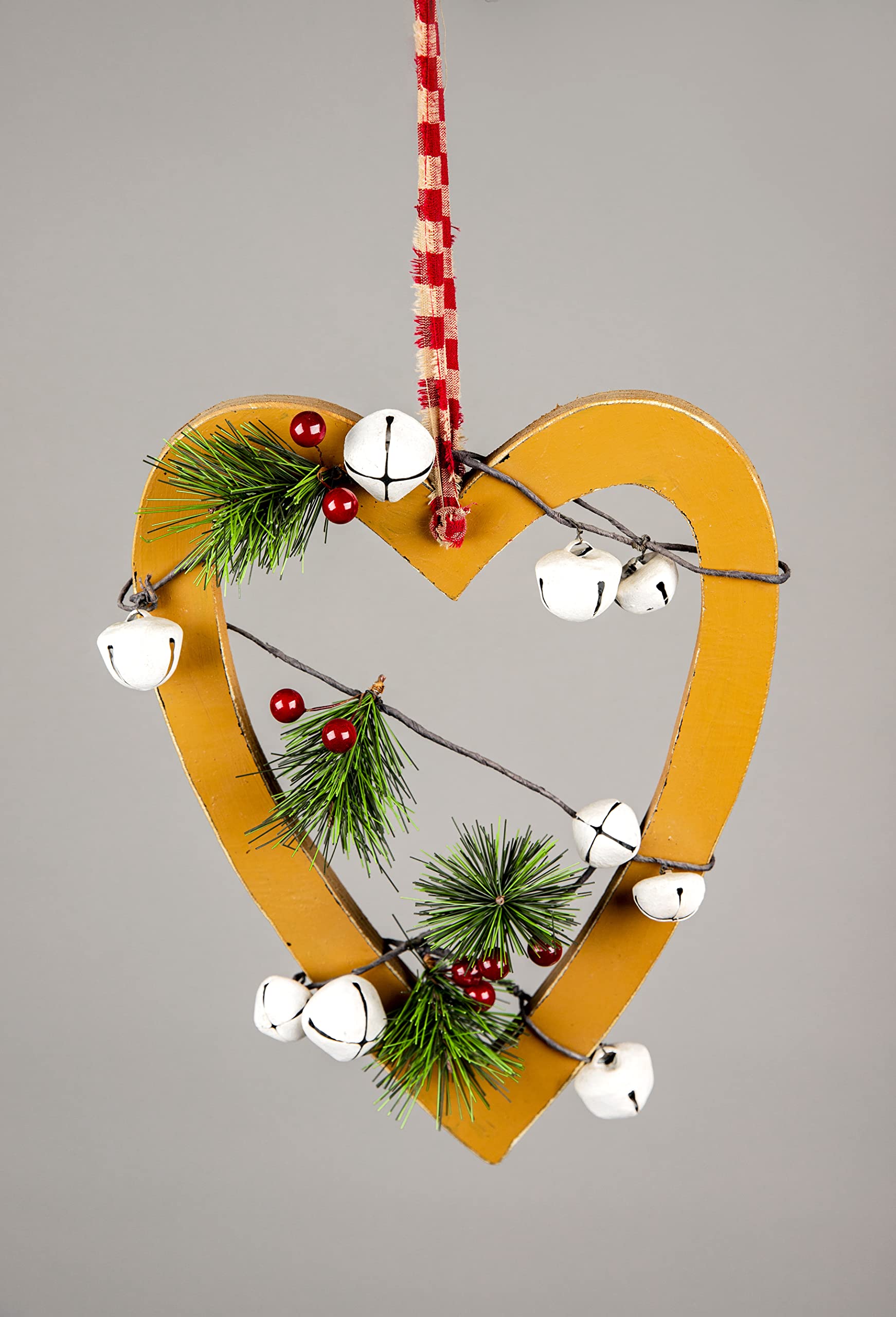 23cm Light Brown Wooden Heart Wall Hanging Ornament Decorated with White Bells Berries and Pines Christmas Holiday Home Decorations