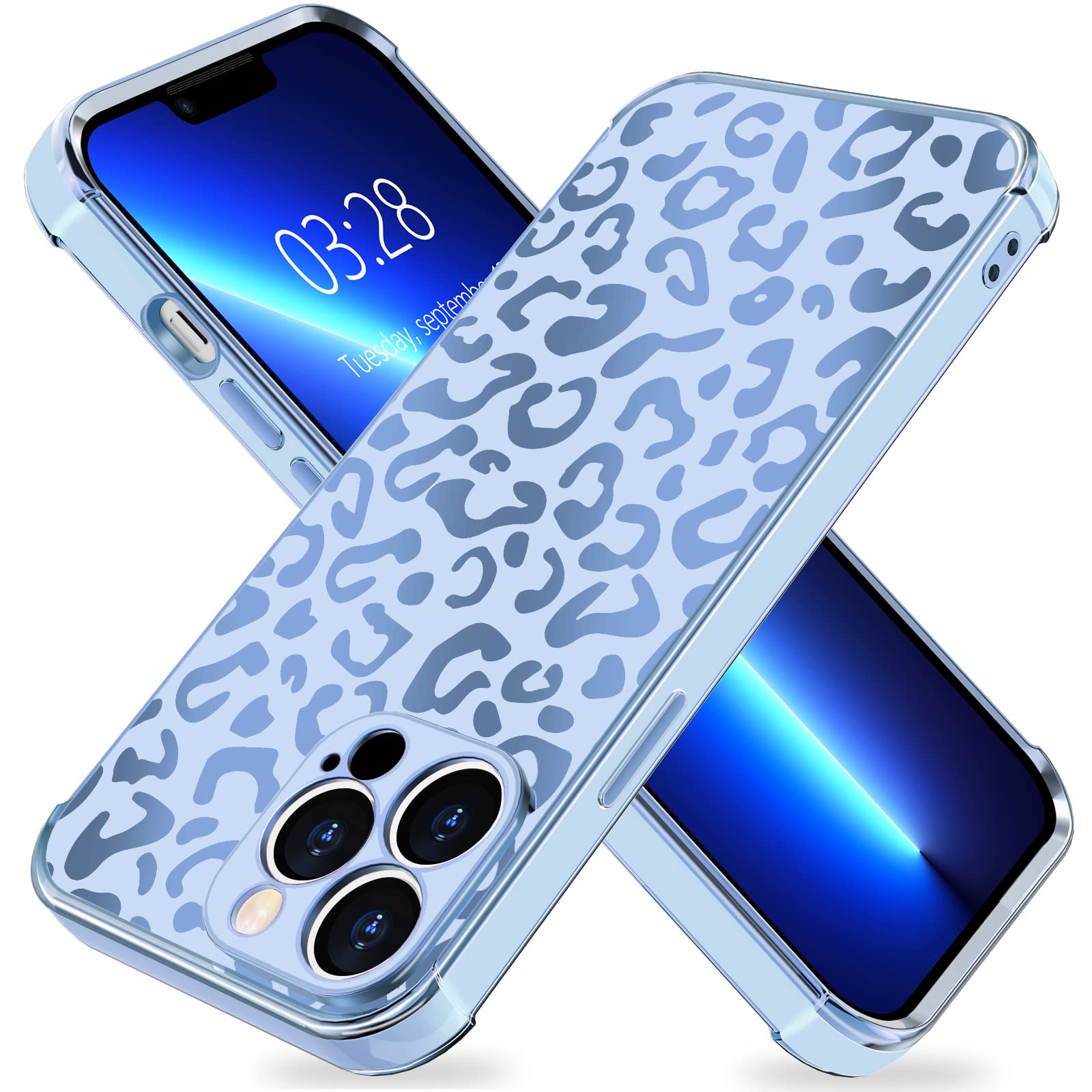 Anuck for iPhone 13 Pro Max Case, Cute Matte Cheetah Leopard Print Phone Case Trendy Aesthetic Pattern Design Full Camera Protection,Soft TPU Slim Shockproof Phone Cover for Women Girls Light Blue