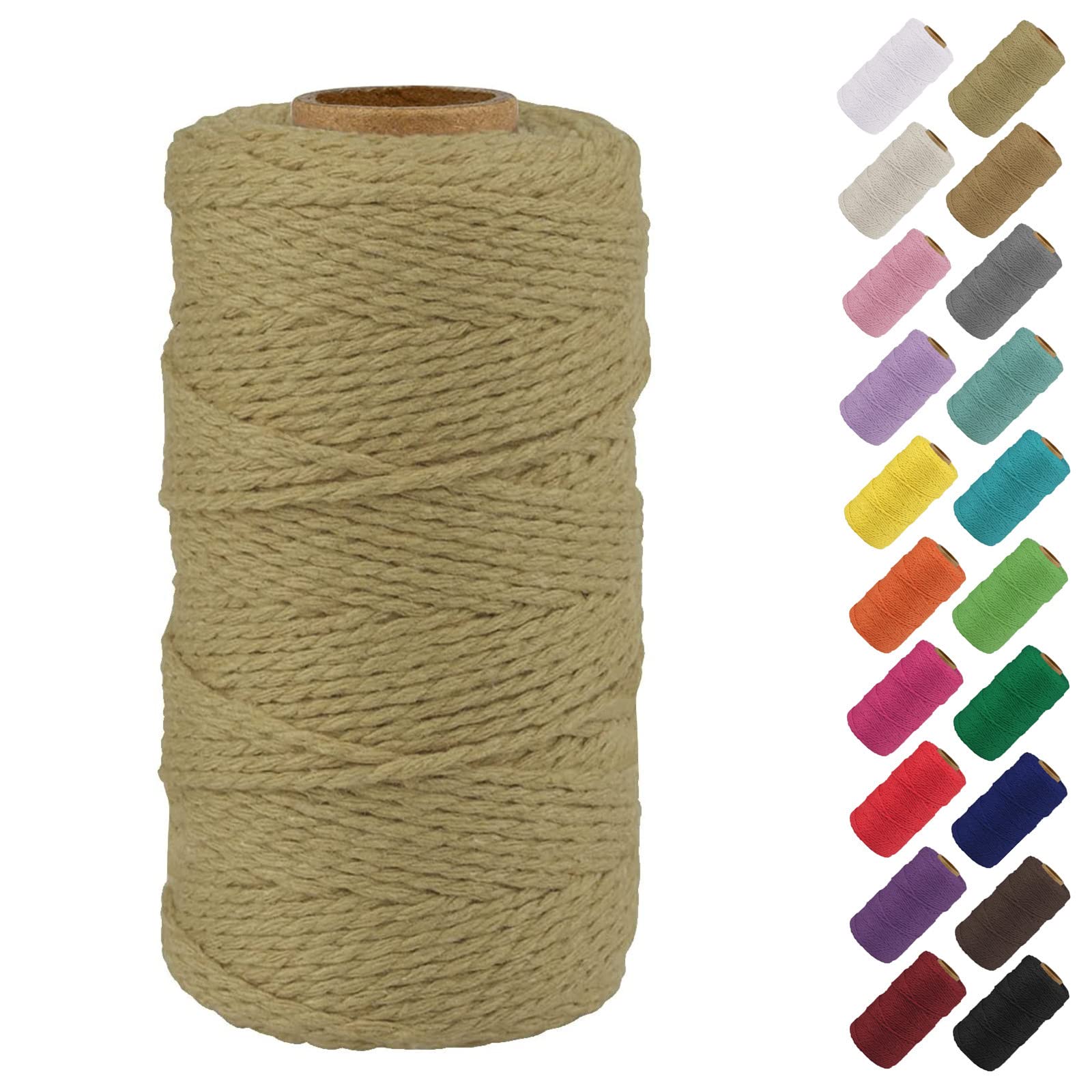 Binwat Natural Macrame Cotton Cord Twine String Colored Cotton Rope Yarn for DIY Crafts Knitting Plant Hangers Christmas Wedding Decor (Khaki, 2mmx200m)