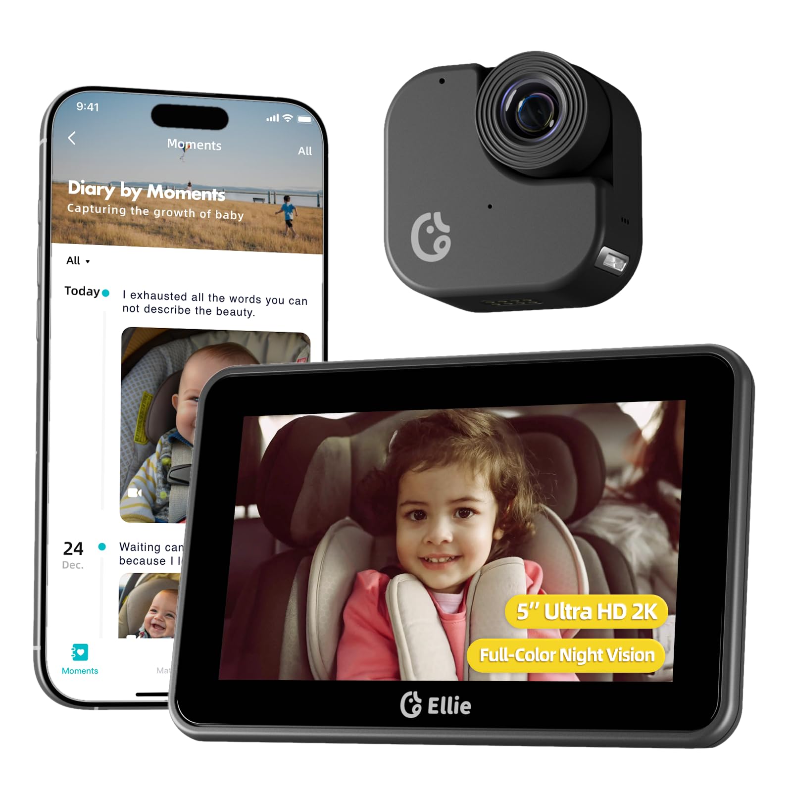 Photo 1 of Ellie Baby Car Monitor, 2K UHD Backseat Monitor with Color Night Vision, Face Tracking, Dual Display for 2 Kids, Wide View Car Baby Camera, Smart Video Capture & App Control