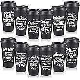 FillTouch 12 Pcs Appreciation Cups Gifts, Team Coffee Mugs for Office Coworkers Employee Staffs, 16 oz Reusable Plastic Cups with Lids, Gifts for Staff at Work (Black)