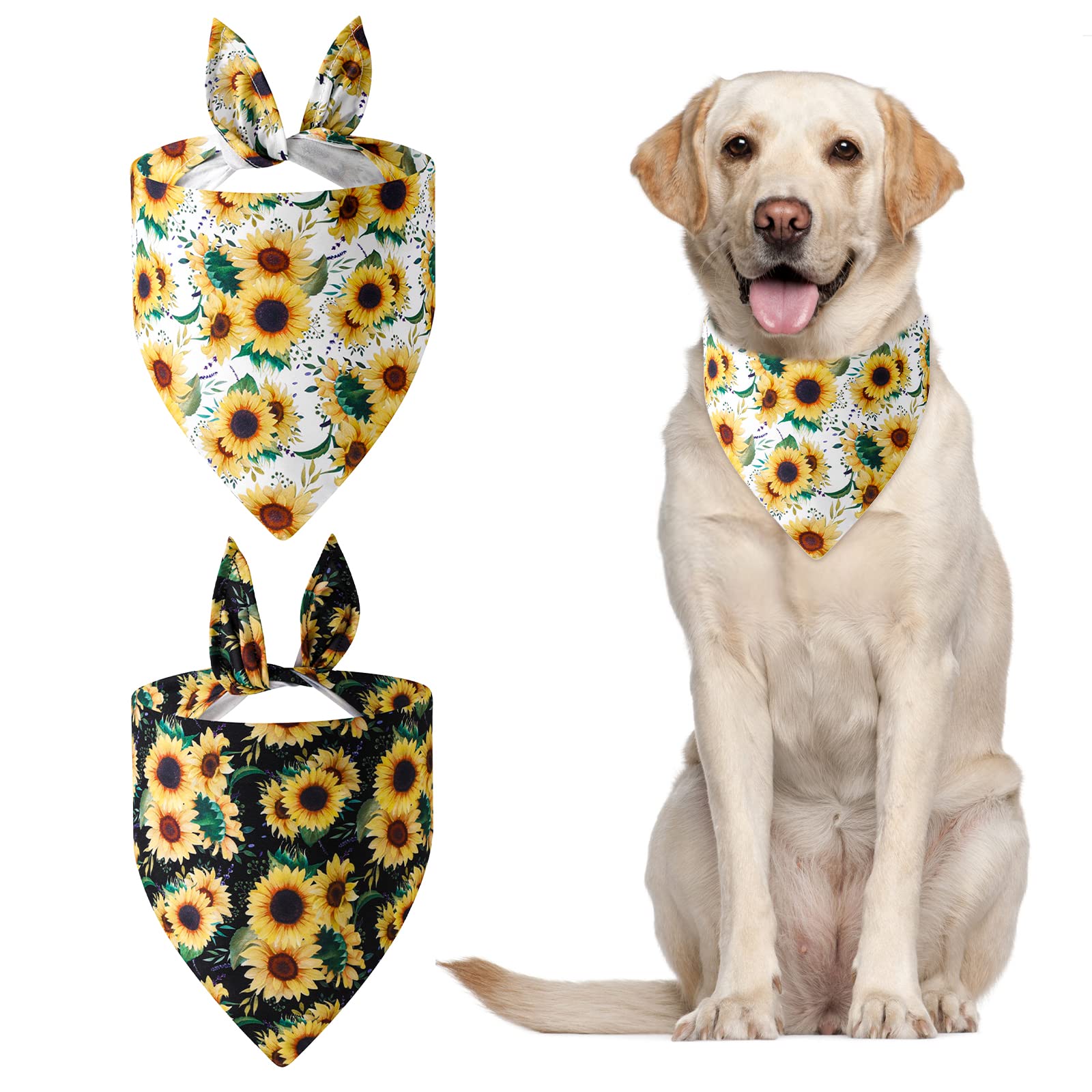 URROMA Sunflower Dog Bandanas, 2 Pcs Printing Unique Shape Adjustable Fit Kerchief Scarf for Small to Large Dog Puppy Cat