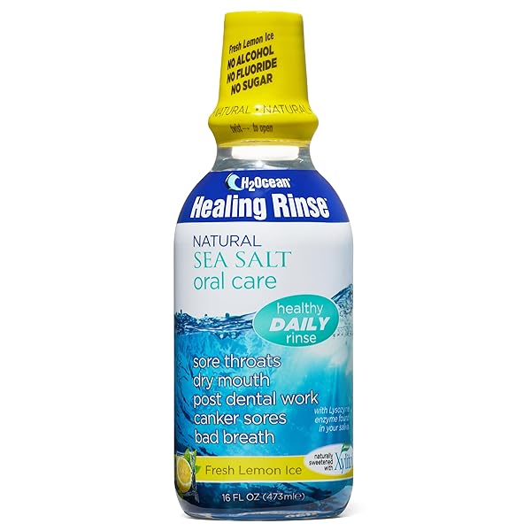 H2OCEAN HEALING RINSE NATURAL SEA SALT ORAL CARE – MOUTH RINSE FOR ORAL CARE – GREAT FOR PIERCINGS, SORE THROATS & GUM HEALTH – ALCOHOL- & FLUORIDE-FREE MOUTHWASH – LEMON ICE, 16 OZ