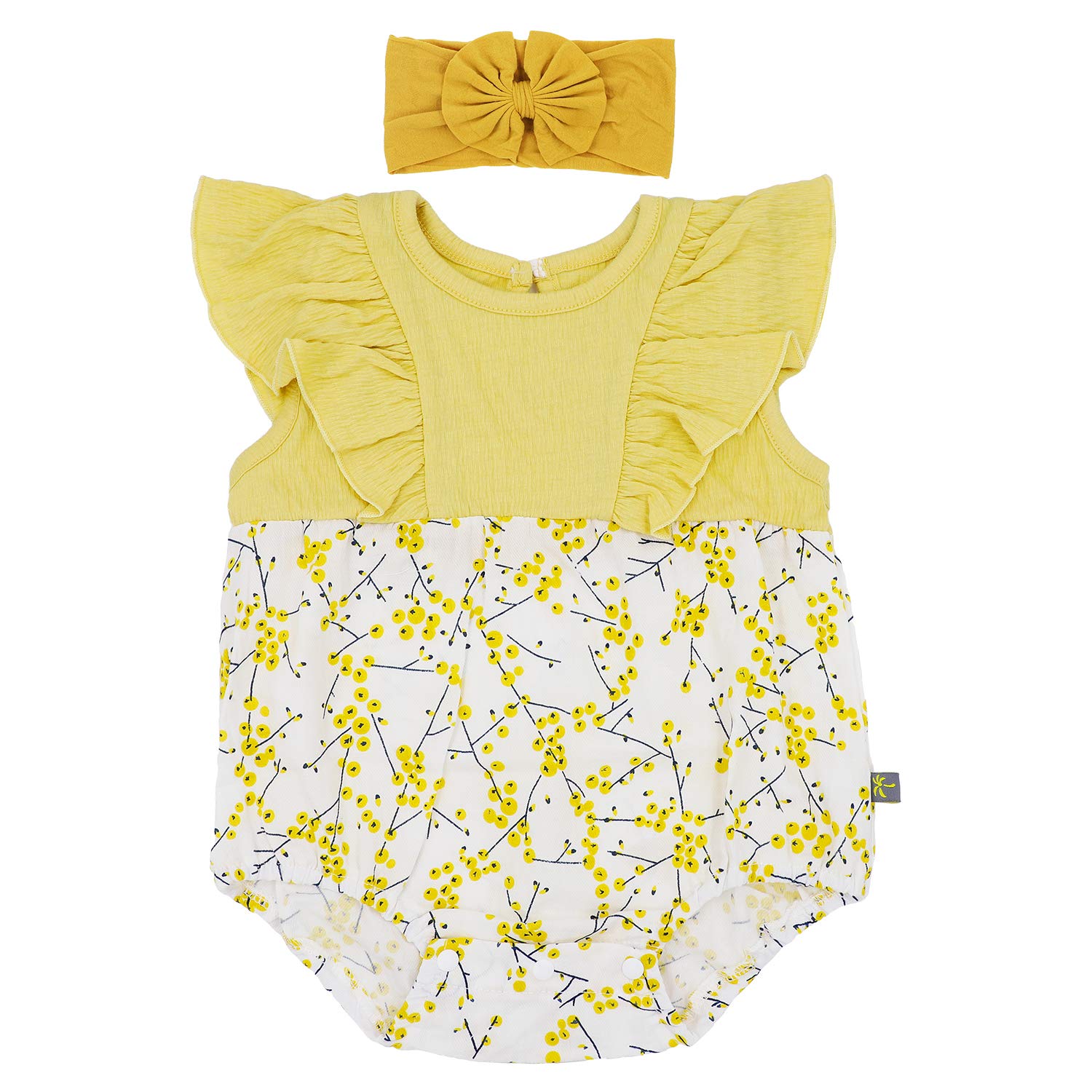 Baby Girl Rompers Set Ruffle Sleeve Outfit Floral Cute Bodysuit with Headband (3-6M, Yellow)