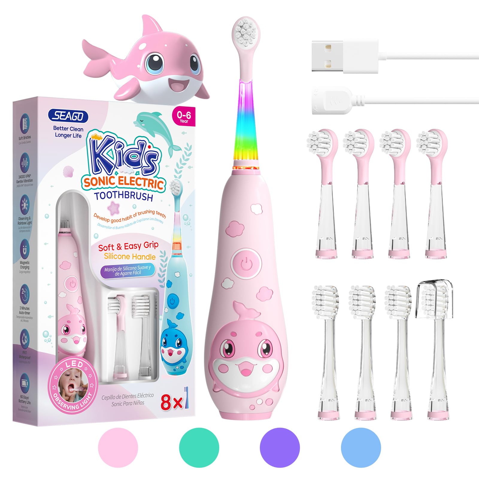 Seago Kids Electric Toothbrushes for 0-6 with Colorful LED Light, 2 Mins Smart Timer, 8 Soft Toothbrush Heads, Magnetic Charging for 60 Days Use, IPX7 Waterproof, for Boys Girls, SG-2139(Pink)