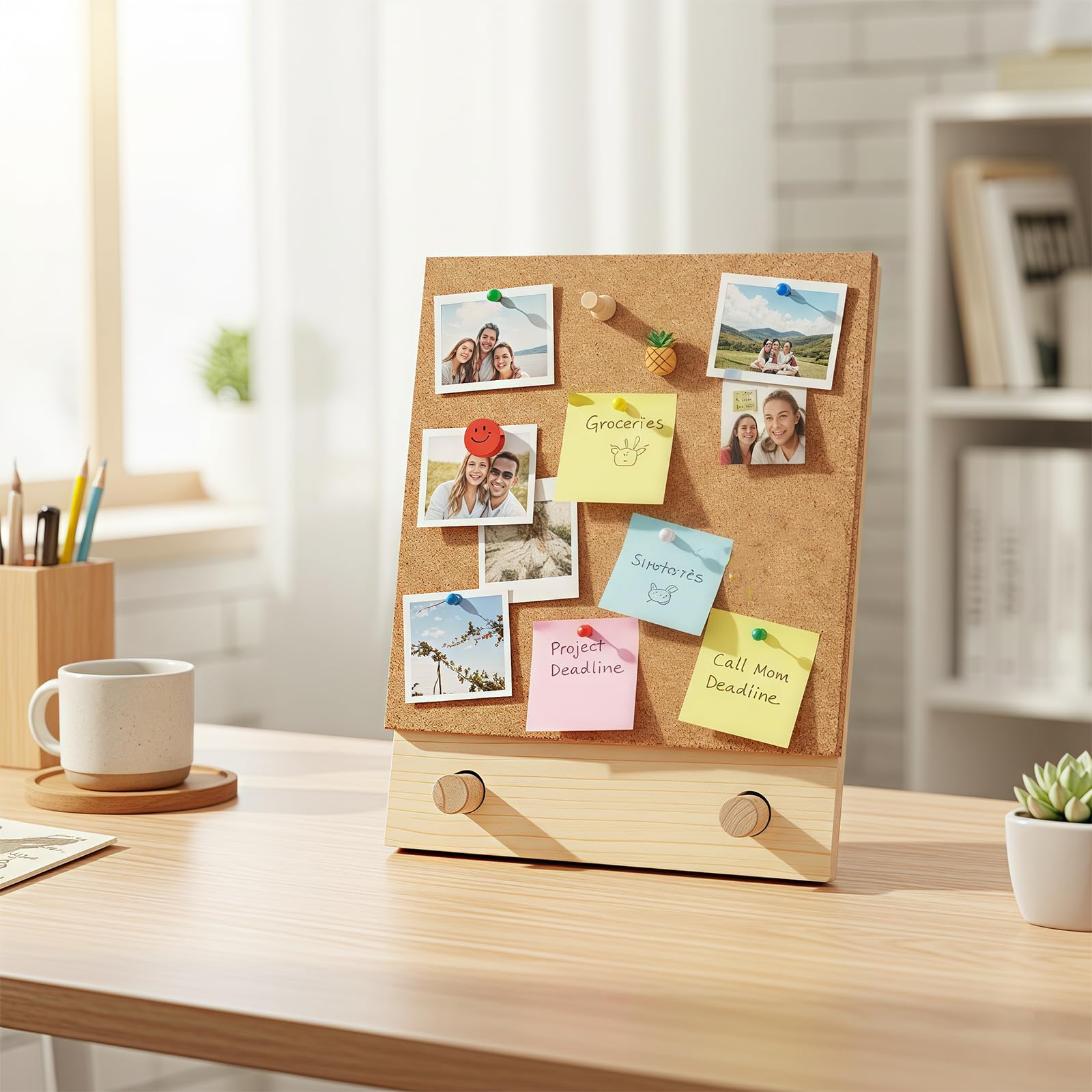 Primst Desktop Cork Board with Stand, Wood Bulletin Board Hanging Message Memo Picture Board for Home Office Decor