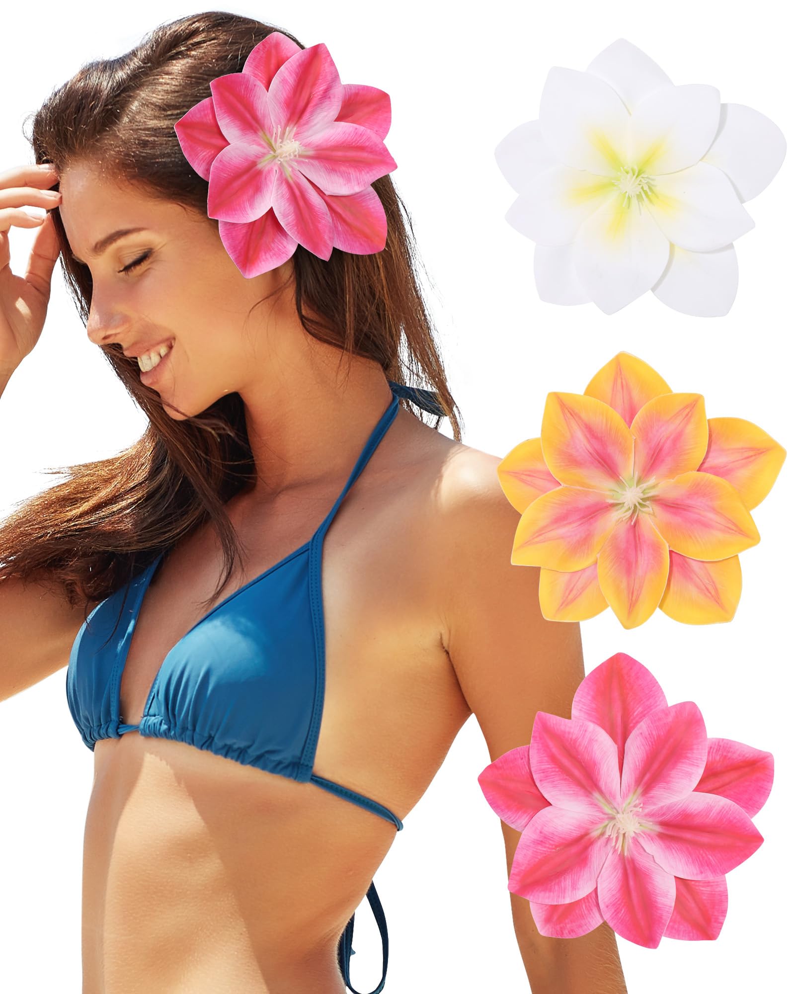 Photo 1 of 3 PCS Hawaiian Flower Hair Clips for Women Lotus Hairpins Artificial Hibiscus Orchid Flower Hair Barrettes for Beach Party?White+Pink+Yellow?