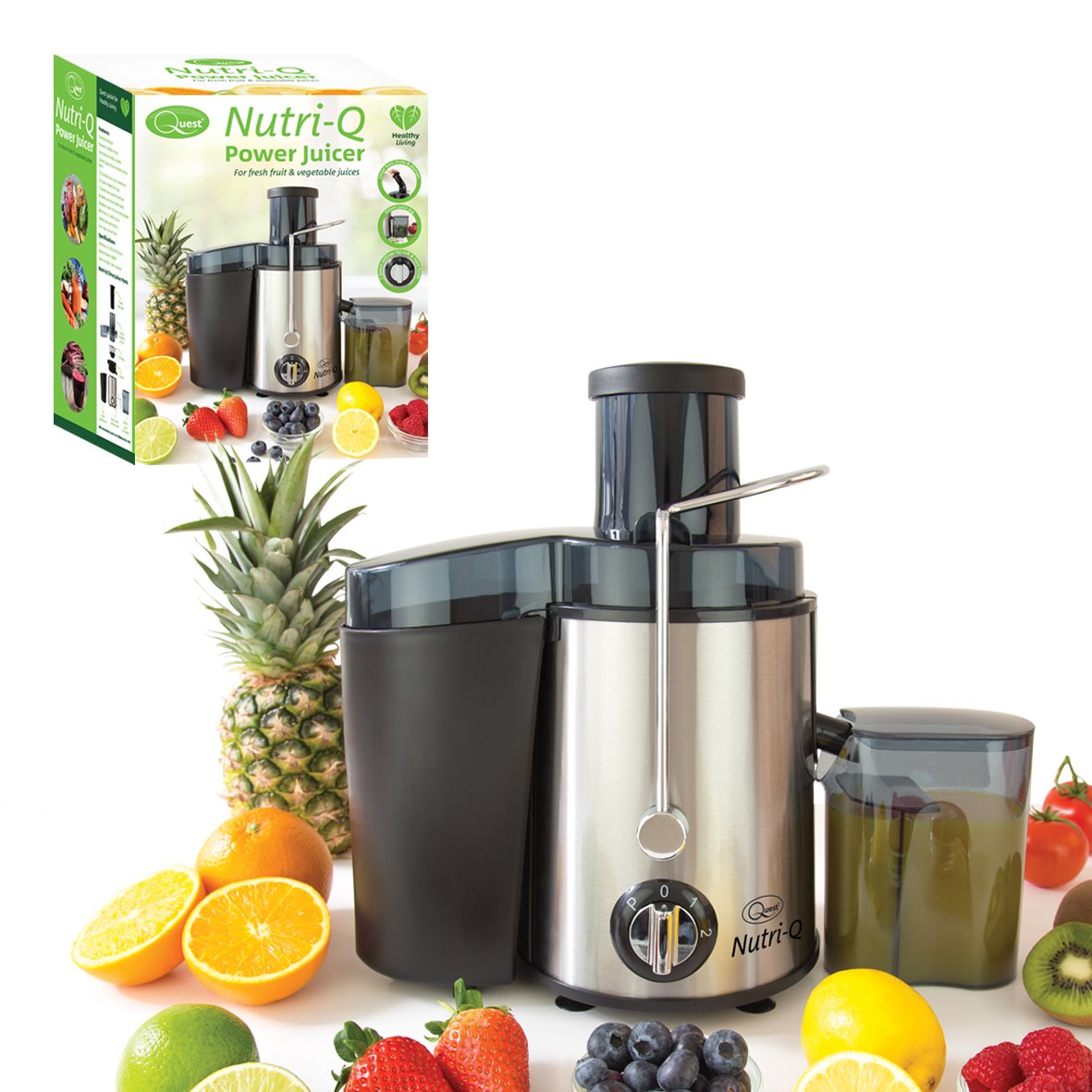 Quest Nutri-Q Power Juicer With Centrifugal Extractor / 0.5L Jug & 1.5L Pulp Container/Large Feeding Chute Included / 2 Speeds & Pulse Function