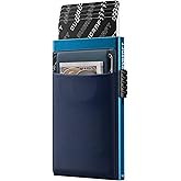 DUGRAFT Credit Card Holder with Money Pocket Mens Minimalist Slim Aluminum Metal Pop Up Wallet for Men RFID Blocking Business Card Holder with Gift Box, Holds 5-7 Cards and Cash, Navy