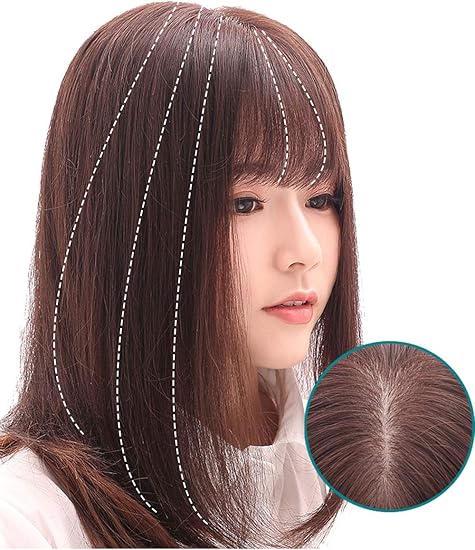 Amazon Hiye 前髪 部分ウィッグ 女性 つむじ 医療用 人毛 夏用 ファッション アレンジ 部分 ウイッグ ヘアピース かつら 総手植えモノスキン 脱毛 白髪隠れ 薄毛 トップカバー 栗色 35cm フルウィッグ 通販