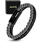 MagnetRX® Hematite & Leather Magnetic Bracelet – Max Strength Natural Stones – Beaded Magnetic Hematite Bracelets (Medium)