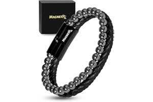 MagnetRX® Hematite & Leather Magnetic Bracelet - MAX Strength Natural Stones - Beaded Magnetic Hematite Bracelets (Medium)