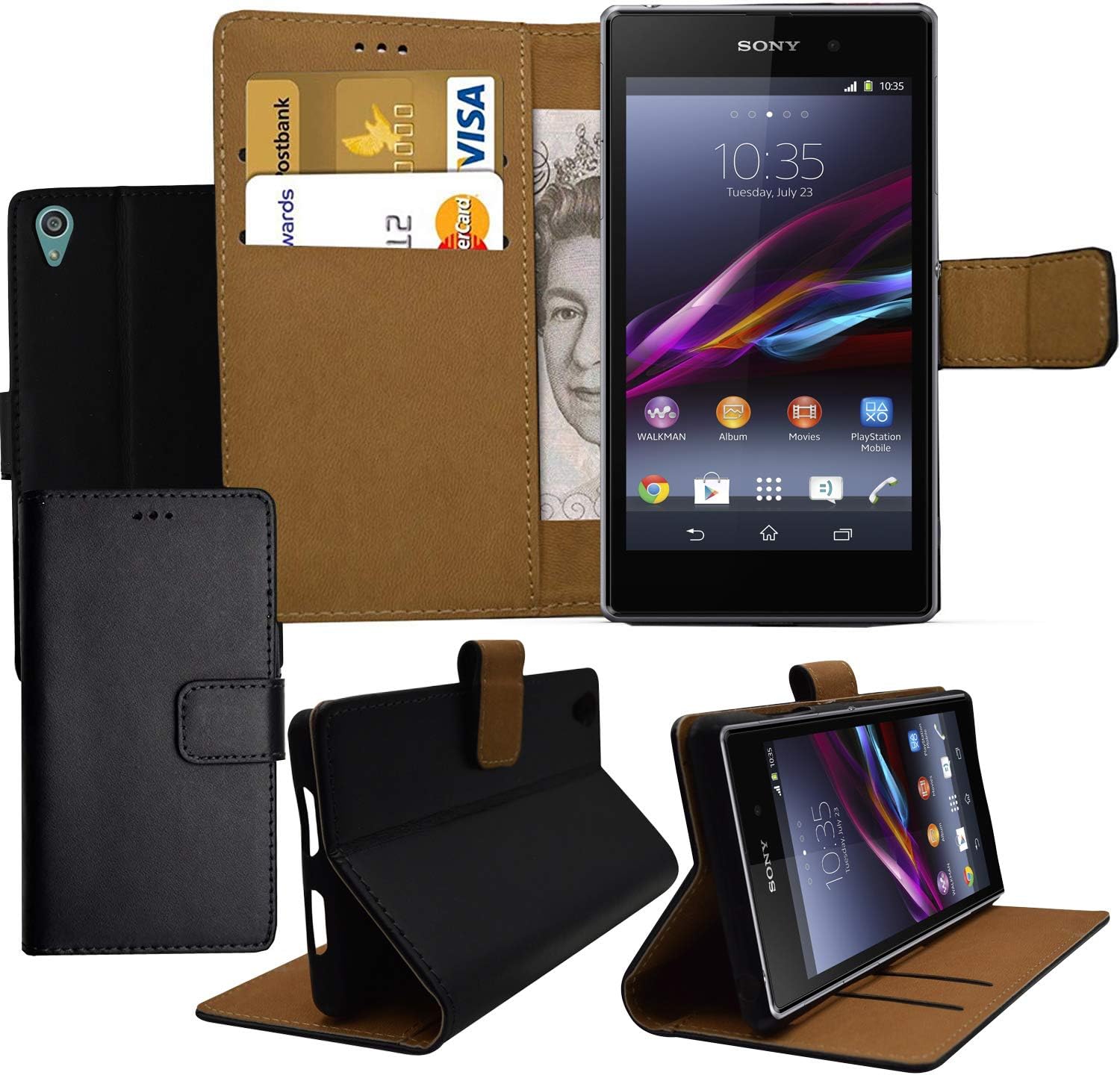Black Genuine Leather Wallet Book Style Slim Kickstand Flip Case For Sony Xperia Phones (Xperia Z5 (E6653))