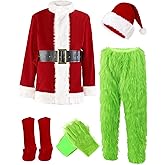 ADOMI Christmas Costume for Men Green Furry Monster 8PCS Deluxe Adult Santa Suit Xmas Outfit Set Halloween Holiday