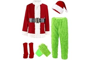ADOMI Christmas Costume for Men Green Furry Monster 8PCS Deluxe Adult Santa Suit Xmas Outfit Set Halloween Holiday