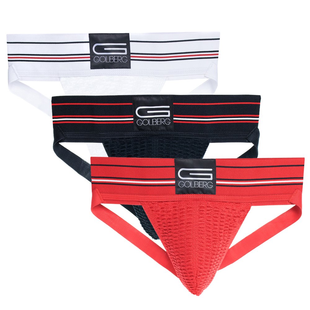 GOLBERG Athletic Supporter - Naturally Contoured Waistband - 3 Packs of Multiple Colors, Cardinal Red - Cobalt Blue - Pitch Black, M