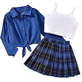 Girls 3 Piece Skirt Set Cami Crop Tops Pleated Skirt with Button Shirts Size 6-12
