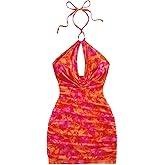 Verdusa Women's Boho Floral Halter Dress Cut Out Drape Mini Bodycon Dresses Rave Club Outfits