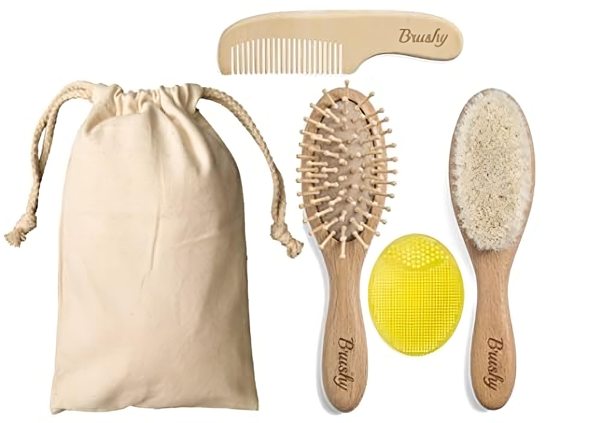 Brushy - Natural Wood Baby Brush and Comb - Soft and Eco-friendly Kit for Newborns, Girls and Boys - Ideal for Children's Delicate Hair
