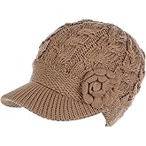 Womens Winter Elegant Cable Flower Knitted Newsboy Cabbie Cap Beret Beanie Hat with Visor, Warm Plush Fleece Lined