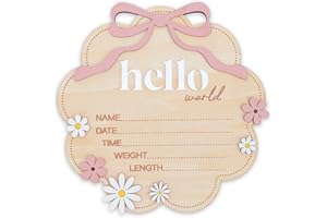 TTMerriwood Hello World Wooden Baby Birth Announcement Sign with Pink Bow, Cloud Shape Floral Newborn Name Date Time Weight Length Board, Baby Girl Nursery Photo Prop (Light Pink)