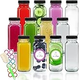 STARSIDE 8 oz Glass Juice Bottles with Lids 12 Pack - Square Reusable Drinking Jars for Juicing, Milk, Kombucha - Includes 1 Bottle Brush, 12 Colored Labels