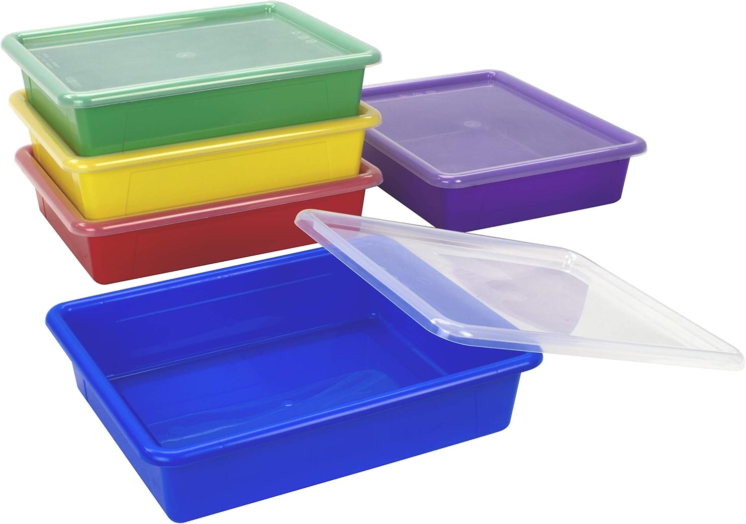 Storex Flat Storage Tray with Lid, Letter Size, 10 x 13 x 3 Inches, Assorted Colors, 5-Pack (62534U05C)