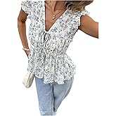 WDIRARA Women's Floral V Neck Blouse Tie Front Ruffle Cap Sleeve Babydoll Shirts Ruched Peplum Top