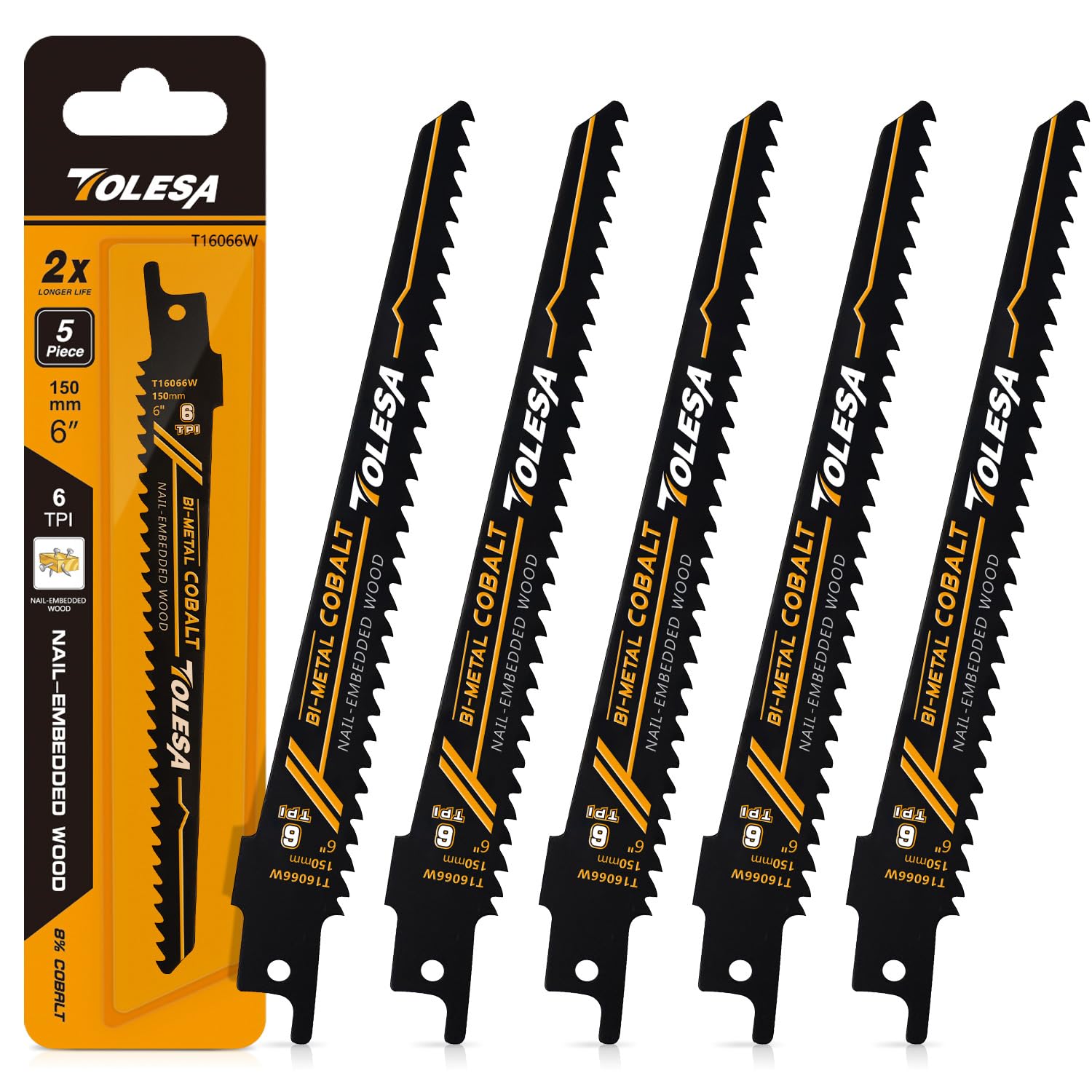 TOLESA Reciprocating Saw Blades for Wood Nail Embedded Window Door Demolition and Construction Wood Cutting 150mm 6TPI Sawzall Blades Bi-Metal Teeth with Cobalt Sharp Cutting 5 Pack